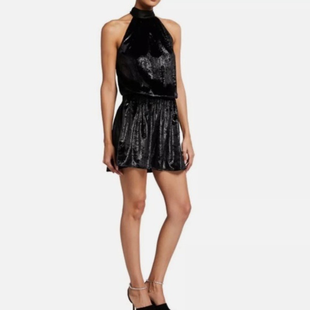 Ramy Brook Ellin Velvet Halter Neck‎ Smocked Waist Mini Dress Large Black $395
